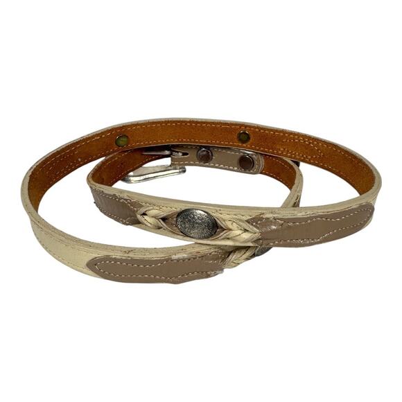 Vintage Western Leather Skinny Concho Belt Small Cream Taupe Embellished Cowgirl - Picture 3 of 7